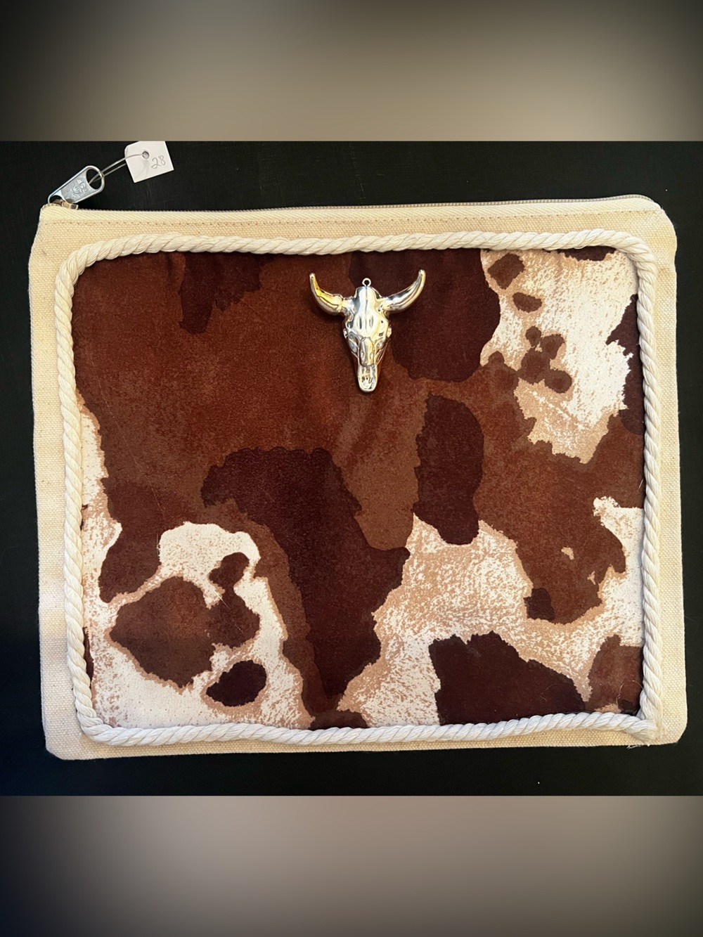 Cowhide Print Purse Pouch with Bull Head Accent - Brown
